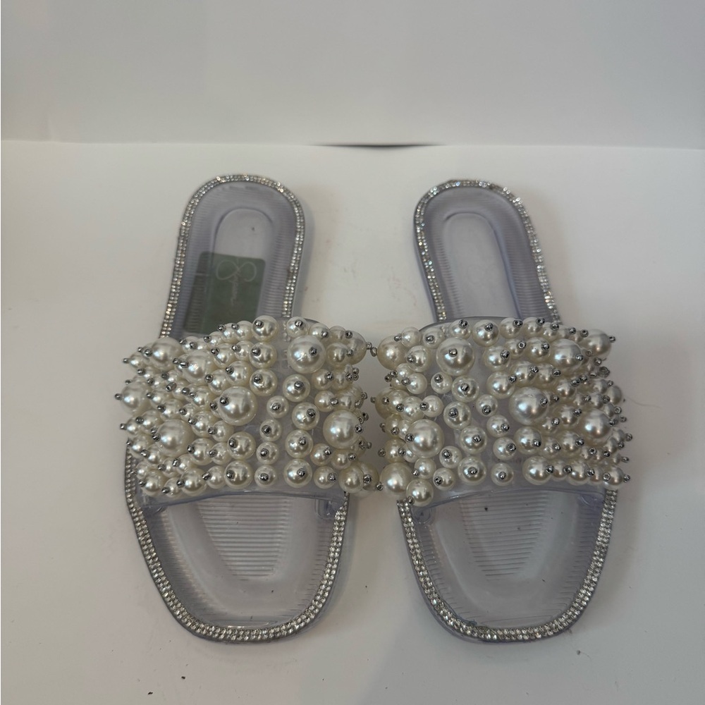 Jessica Simpson Pearl Embellished Clear Gel Slides Sandals